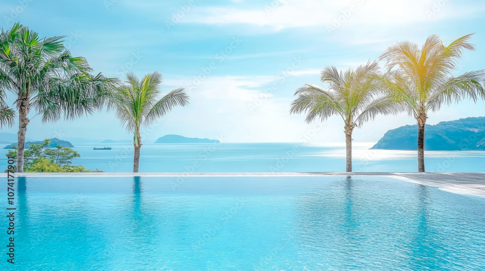 Swimming pool with clear blue water with stunning sea view and sky Swimming pool with clear blue water with stunning sea view and sky