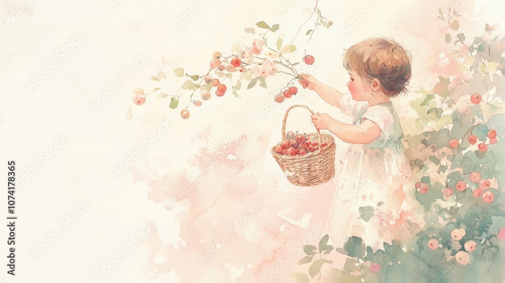 Naklejka premium Soft Watercolor Illustration of a Child Collecting Fruits in a Basket Surrounded by Delicate Blossoms and Warm Pastel Tones