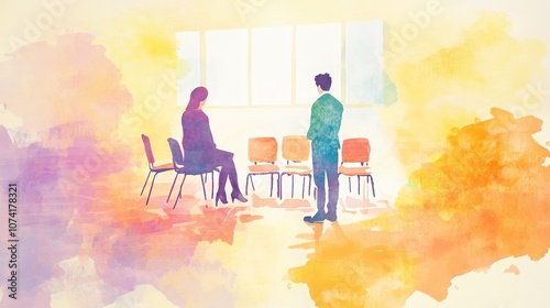 Dreamy Watercolor Illustration of Two Coworkers in a Bright Office Setting with Empty Chairs, Capturing a Moment of Reflection and Collaboration