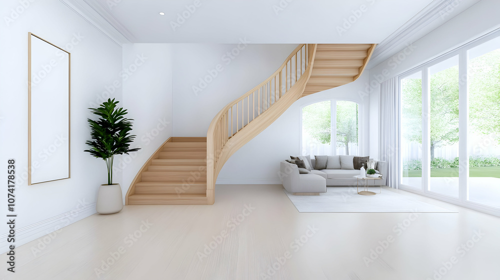 Farmhouse home interior design of modern living room with wooden staircase Farmhouse home interior design of modern living room with wooden staircase