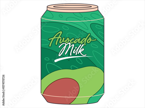 Avocado milk drink can sweet fruity flavor dairy product green color packaging milky healthy aluminum container design flat illustration