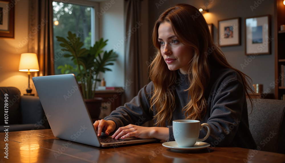 Woman working on a laptop in a modern home office Woman working on a laptop in a modern home office