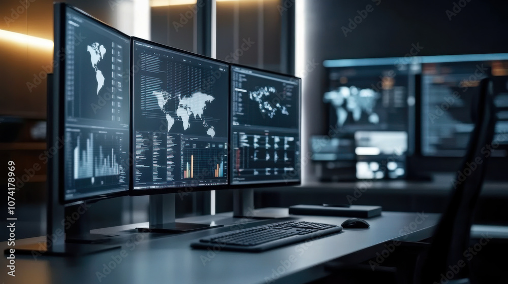 High-tech office workspace with multiple monitors displaying High-tech office workspace with multiple monitors displaying