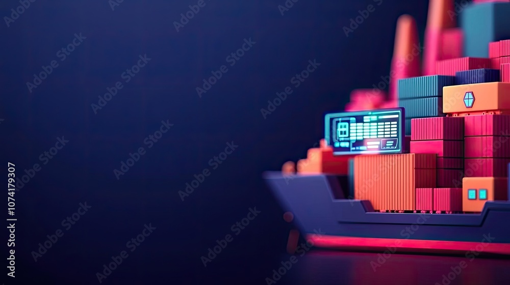 Fototapeta premium Colorful cargo ship with containers on a blue background.