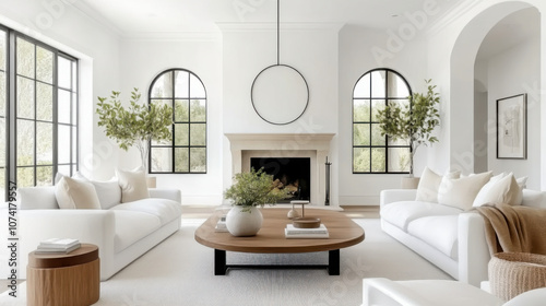 Rustic coffee table between sofa and chairs against fireplace and arched windows