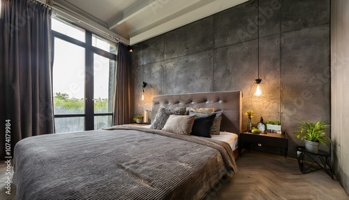 Bedroom interior design with an industrial touch, concrete walls, and soft lighting.