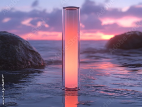 Elegant Glass Cylinder at Twilight by the Ocean