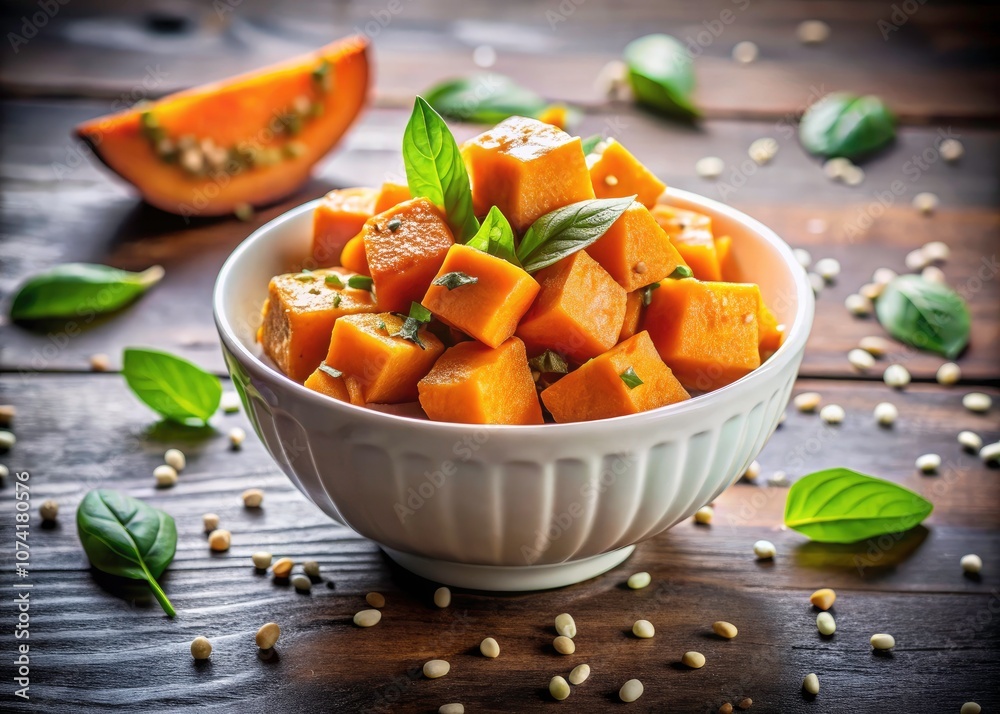 Surreal Culinary Delight: Sweet Potato Cubes with Basil and Sesame Seeds in a White Bowl Surreal Culinary Delight: Sweet Potato Cubes with Basil and Sesame Seeds in a White Bowl