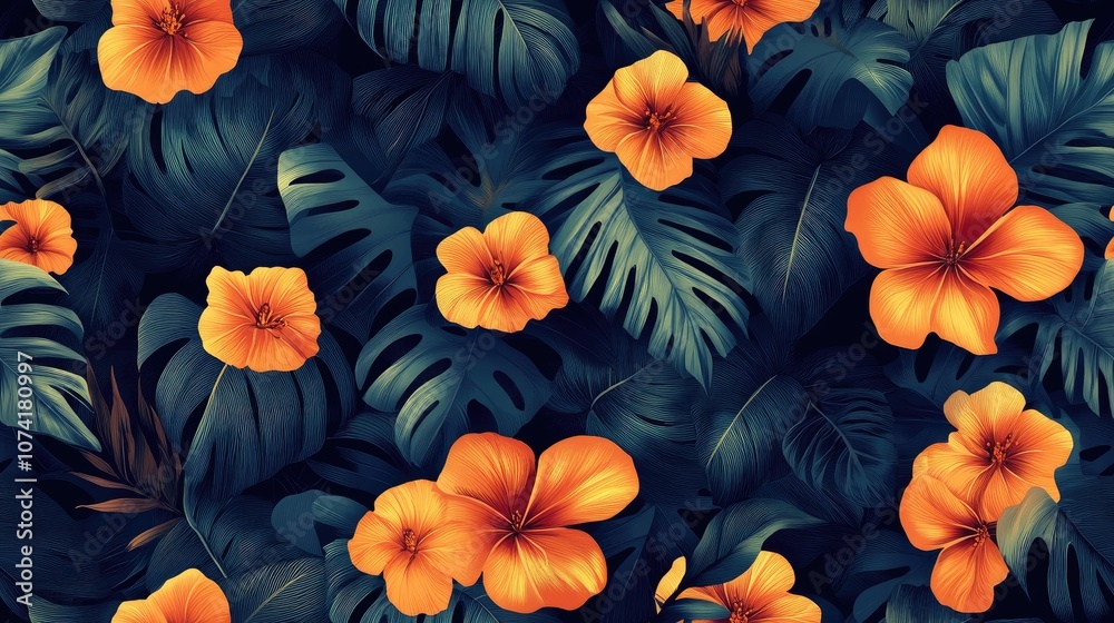Watercolor tropical leaves and flowers pattern with toucan vibrant seamless design for weddings and celebrations retro summer aesthetic