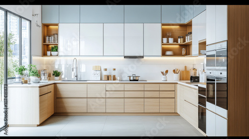 kitchen in a modern style with a lot of cabinets