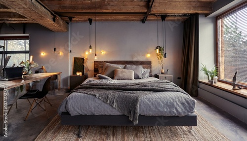 Bedroom with bed, hanging lights, and a mix of metal and wood elements in an industrial design.