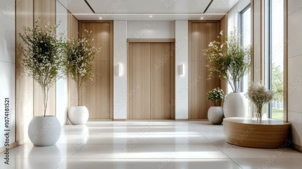 Fototapeta premium entrance hall with door and wooden paneling walls Elegant interior design of modern