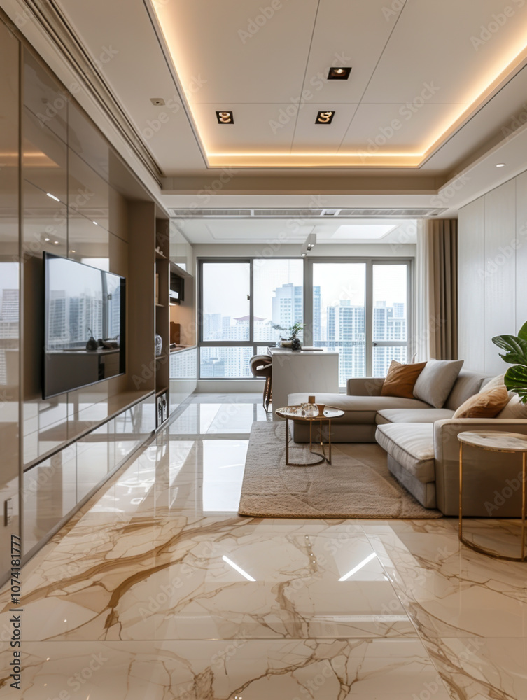 light luxury interior design of a modern apartment in a minimalist style with marble trim and huge windows