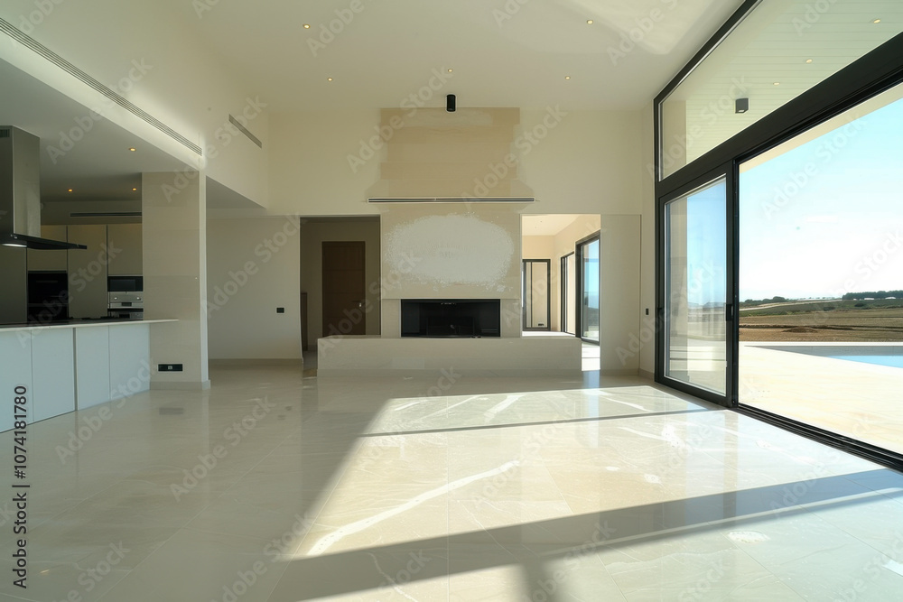 Fototapeta premium Modern minimalist style, blank living room, white color, wide angle view