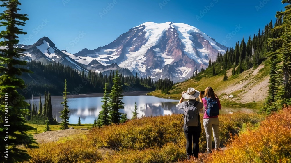 Two hikers admire a majestic snow-capped mountain by a serene lake surrounded by lush greenery. Two hikers admire a majestic snow-capped mountain by a serene lake surrounded by lush greenery.