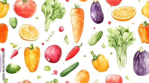 Colorful seamless pattern featuring watercolor vegetables perfect for culinary themed designs illustrations or food packaging