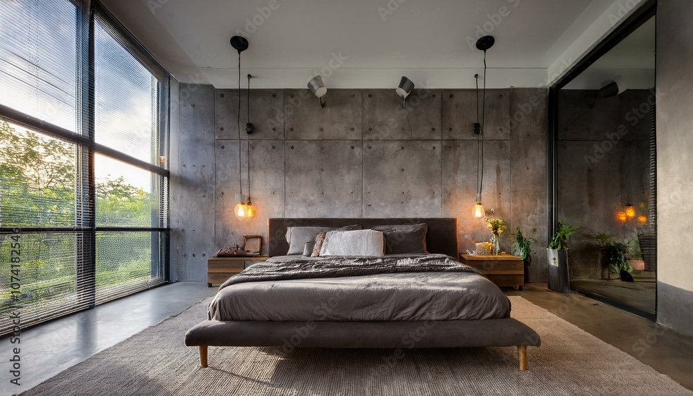 Industrial bedroom with a bed, concrete walls, and soft lighting. Industrial bedroom with a bed, concrete walls, and soft lighting.