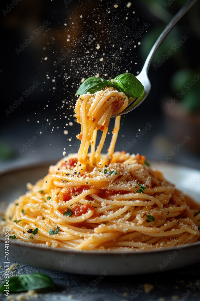 spaghetti with tomato sauce on fork