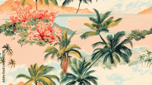 Seamless vintage Hawaiian barkcloth pattern featuring tropical island scenes on a soft pink background textile design