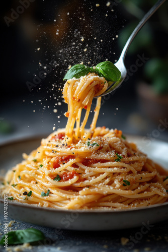 Obraz na płótnie spaghetti with tomato sauce on fork w salonie