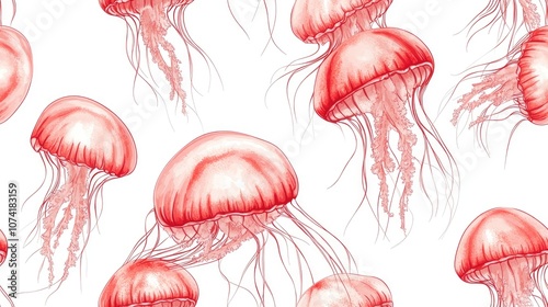 Seamless pattern of realistic red jellyfish hand drawn on a clean white background ideal for textile design wallpapers or marine themed decor photo