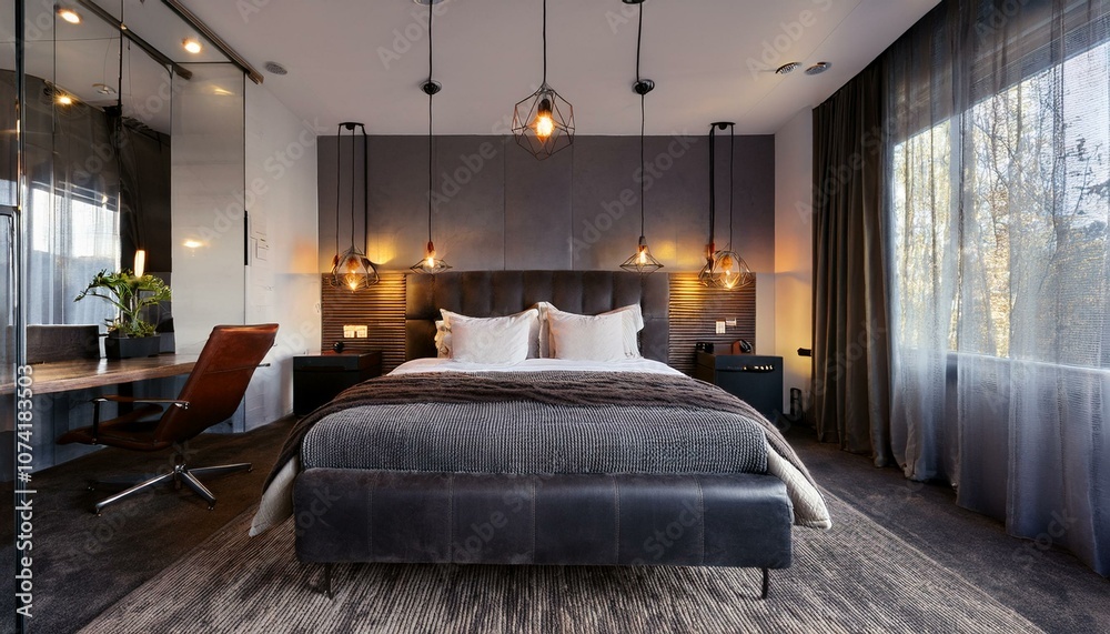Hotel room with an industrial look, bed, and metal lighting fixtures. Hotel room with an industrial look, bed, and metal lighting fixtures.