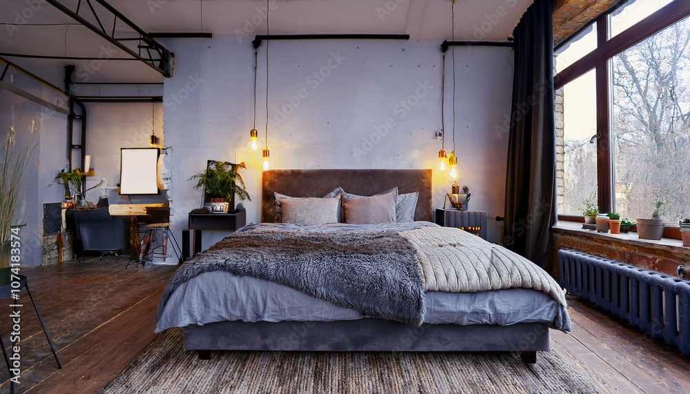 Interior of a bedroom with a bed and a soft industrial style. Interior of a bedroom with a bed and a soft industrial style.