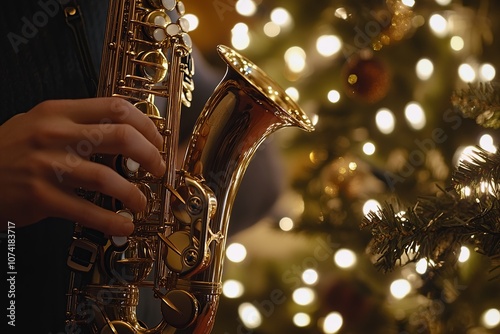 Close-up of a person playing a saxophone in front of a Christmas tree with lights.