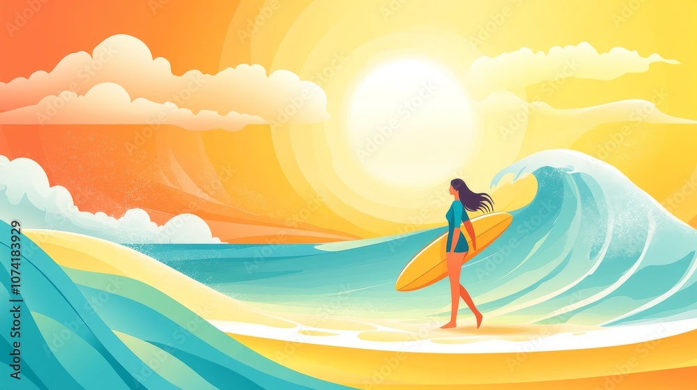 39.A bright summer cover design featuring a minimalist sea view with rolling waves, a sunny beach, and a surfer girl carrying her board along the shore. The colorful surf aesthetics, combined with 39.A bright summer cover design featuring a minimalist sea view with rolling waves, a sunny beach, and a surfer girl carrying her board along the shore. The colorful surf aesthetics, combined with