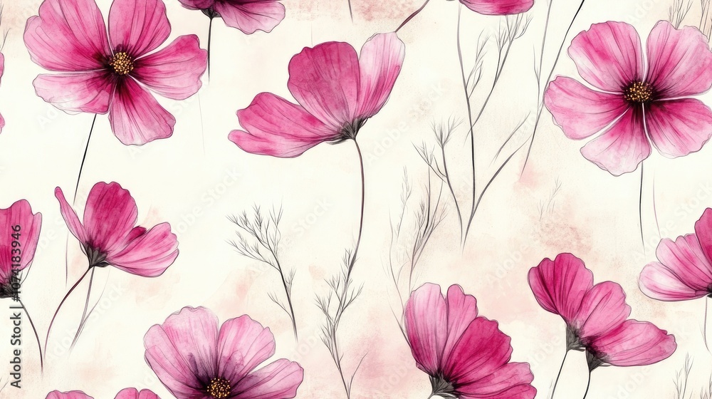 Seamless pattern of hand painted pink cosmos flowers on a delicate background floral design suitable for textile and wallpaper applications