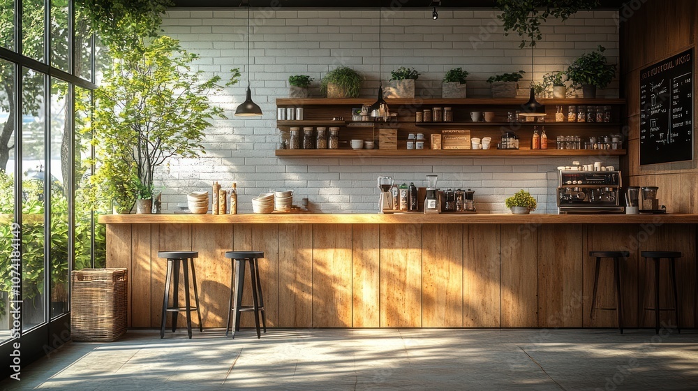 Modern cafe interior with wooden counter, stools, and shelves.