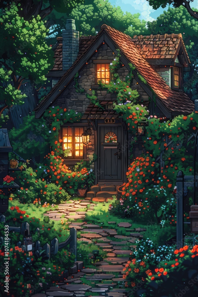a beautiful Japanese-style house nestled amidst a lush, green garden. The house features traditional wooden architecture with a tiled roof and sliding doors. The garden is filled with a variety of col a beautiful Japanese-style house nestled amidst a lush, green garden. The house features traditional wooden architecture with a tiled roof and sliding doors. The garden is filled with a variety of col