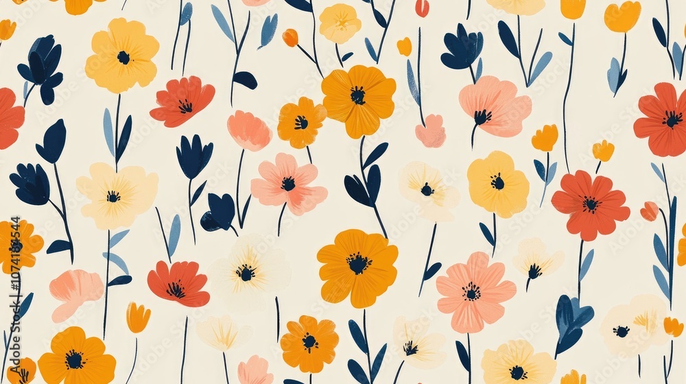 Colorful seamless pattern featuring an array of small flowers in a whimsical design ideal for textile printing or wallpaper decor Colorful seamless pattern featuring an array of small flowers in a whimsical design ideal for textile printing or wallpaper decor
