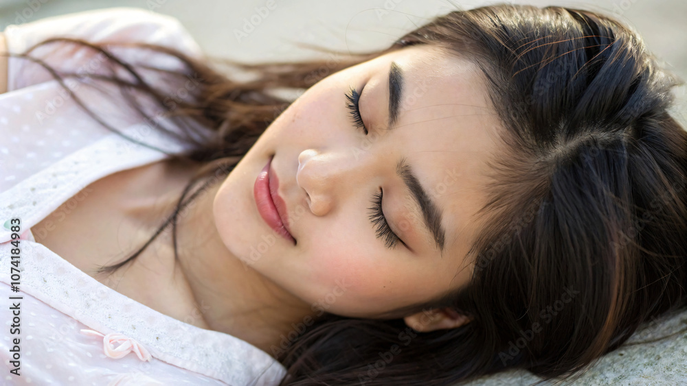 Smiling woman with beautiful face and hair, relaxing sleep Smiling woman with beautiful face and hair, relaxing sleep