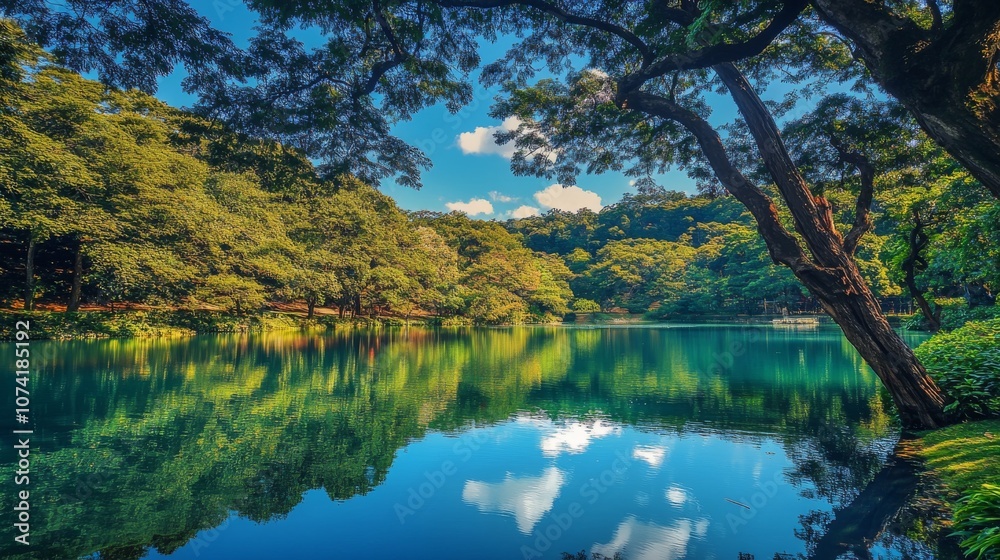 57.A picturesque view of the peaceful fishing lake at Patsull Park on a summer day, with lush green trees lining the shoreline and their reflections mirrored in the clear blue water. The scene 57.A picturesque view of the peaceful fishing lake at Patsull Park on a summer day, with lush green trees lining the shoreline and their reflections mirrored in the clear blue water. The scene