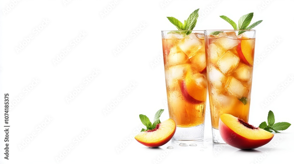 41.A refreshing summer scene featuring two glasses of iced peach fizz, filled with ice cubes and garnished with mint leaves. The vibrant peach slices float at the top, and condensation forms on the 41.A refreshing summer scene featuring two glasses of iced peach fizz, filled with ice cubes and garnished with mint leaves. The vibrant peach slices float at the top, and condensation forms on the