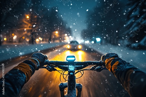 First person view of a cyclist riding through a snowy night with city lights in the distance. photo