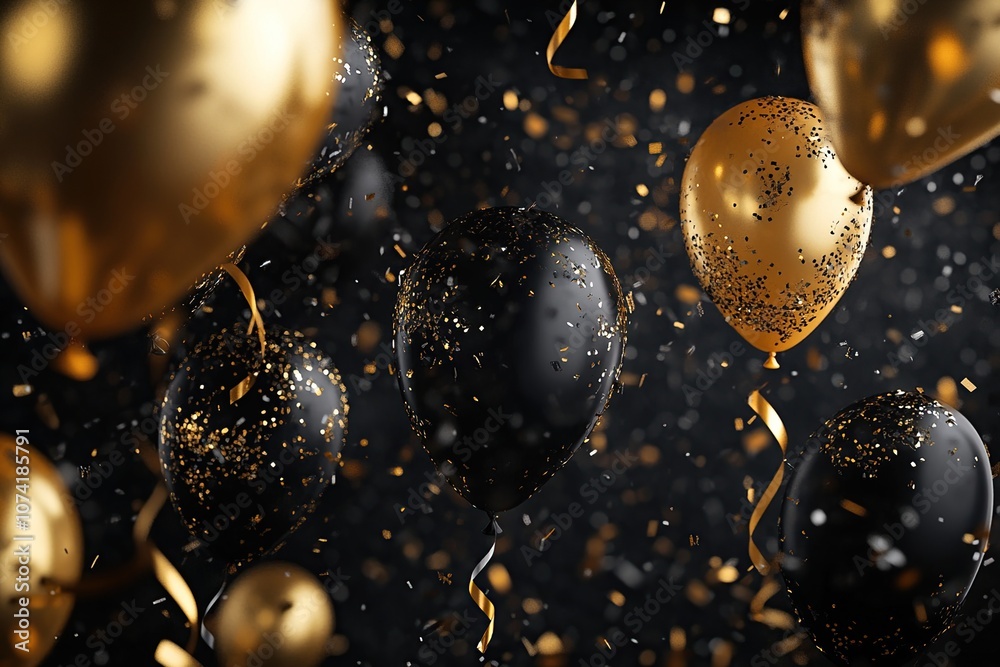 Black and gold balloons with confetti falling against a dark background. Black and gold balloons with confetti falling against a dark background.