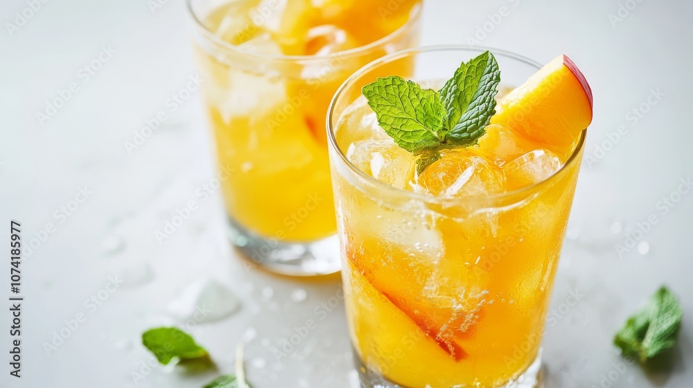 43.A stylish close-up of two glasses of peach lemonade with ice, garnished with mint and fresh peach slices. The condensation on the glasses emphasizes the drink's refreshing quality. The minimalist 43.A stylish close-up of two glasses of peach lemonade with ice, garnished with mint and fresh peach slices. The condensation on the glasses emphasizes the drink's refreshing quality. The minimalist