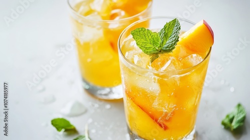 43.A stylish close-up of two glasses of peach lemonade with ice, garnished with mint and fresh peach slices. The condensation on the glasses emphasizes the drink's refreshing quality. The minimalist