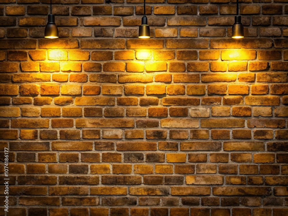 Warm and Inviting Atmosphere with Three Yellow Lights on a Rustic Brick Wall, Perfect for Cozy Settings and Ambient Lighting Inspiration