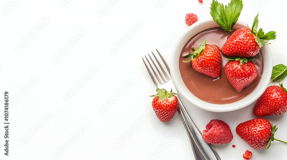 Fondue forks with strawberries in bowl of melted chocolate on white background Fondue forks with strawberries in bowl of melted chocolate on white background