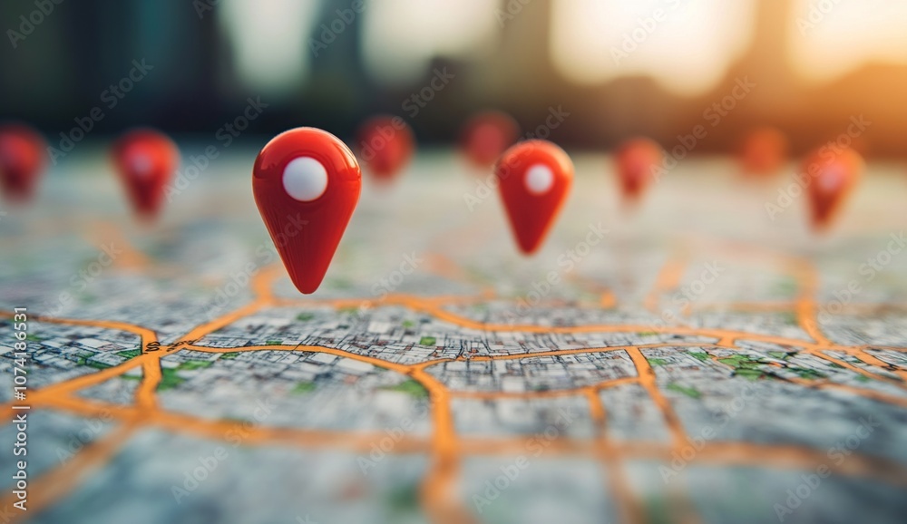 Red map pins on a city map, symbolizing multiple locations or destinations. Red map pins on a city map, symbolizing multiple locations or destinations.