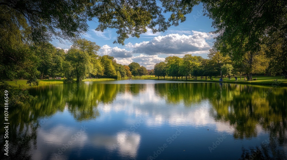 Fototapeta premium 58.A tranquil lakeside scene at Patsull Park, with the summer sky reflected in the still water of the fishing lake. The lush green trees frame the view, and their reflections create a perfect mirror