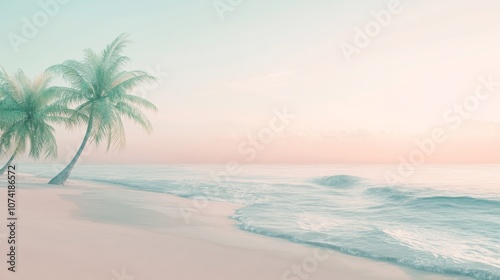 46.A tranquil, sun-drenched summer day on a sandy beach, with gentle waves washing ashore and palm trees swaying in the warm breeze. The soft pastel tones of the sky and water contrast with the
