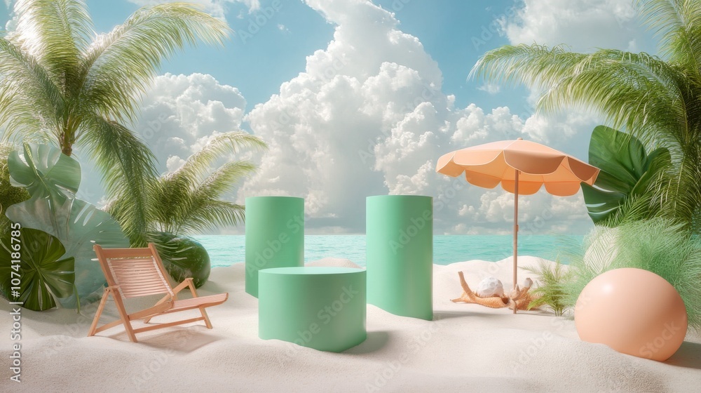 Fototapeta premium 24.A tropical beach setup for a summer sale display, with three green podiums on soft sand, surrounded by coconut trees and a large beach umbrella. A beach chair sits next to a playful beach ball,
