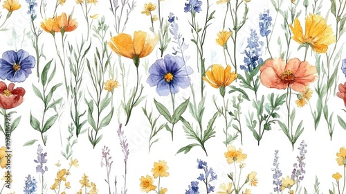 Watercolor botanical illustration of wildflowers in a seamless pattern perfect for fabric design and wallpapers