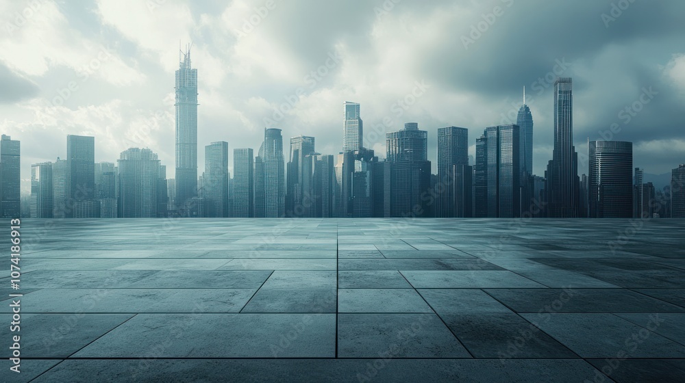 Illustration of Empty floor and city skyline with modern buildings. Ai generated image Illustration of Empty floor and city skyline with modern buildings. Ai generated image