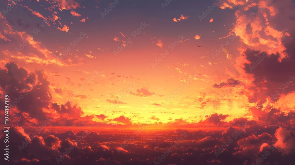 Fototapeta premium 83.A wide, open sky bathed in the deep orange light of a summer sunset. The clouds scatter across the horizon, lit up by the fading sunlight, creating a rich, warm color palette that captures the