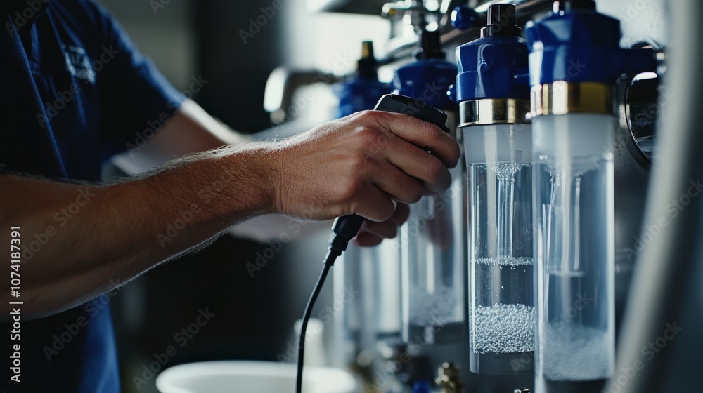 A person is adjusting a device connected to water filtration equipment, focusing on features like valves and hoses for optimal performance. A person is adjusting a device connected to water filtration equipment, focusing on features like valves and hoses for optimal performance.